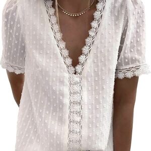 Amazon White V-Neck Swiss Dot Lace Trim Blouse